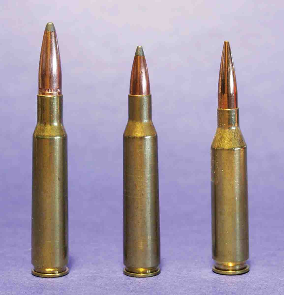 The .257 Roberts (center) introduced by Remington in 1934 was basically the 7x57 Mauser (left) necked down. The .257’s heyday lasted only until 1955, when Winchester introduced the .243 (right).